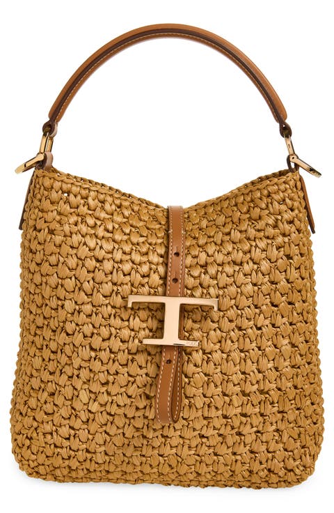 T Timeless Crochet Raffia & Leather Bucket Bag