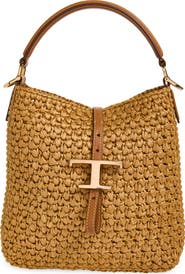 Tod's T Timeless Crochet Raffia & Leather Bucket Bag