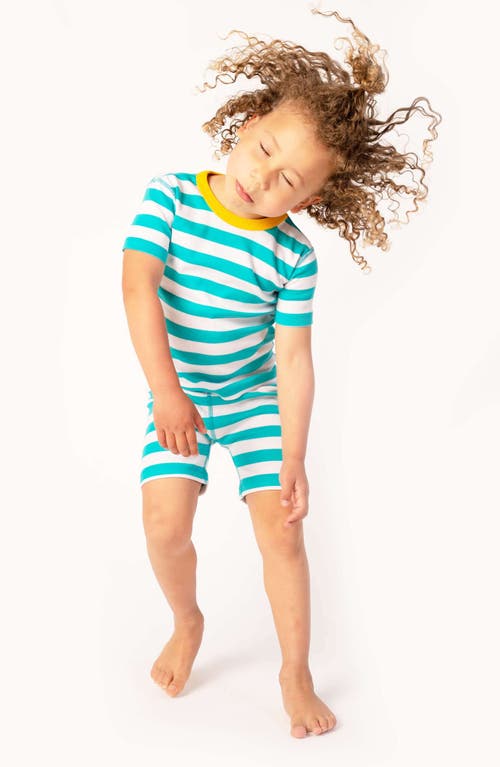 Mightly 100% Organic Cotton Stripe Shortie Snug Fit Kids Pajamas In Teal Stripe