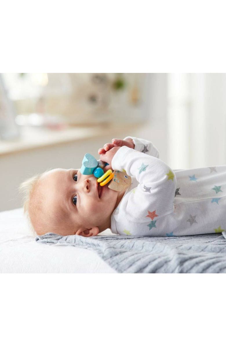 HABA Rattlefish Wooden Baby Rattle and Teething Toy with Plastic Rings, Teething Toys 6-12 months, Grasping Toy for Babies, Made in Germany, Alternate, color, Multi