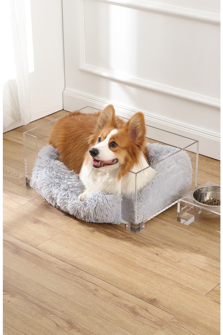 Billie Modern Acrylic Calming Fluffy Pet Bed with Washable Cushion and Elevated Pet Feeder with 2-Stainless Steel Bowls, Alternate, color, Light Gray/Clear