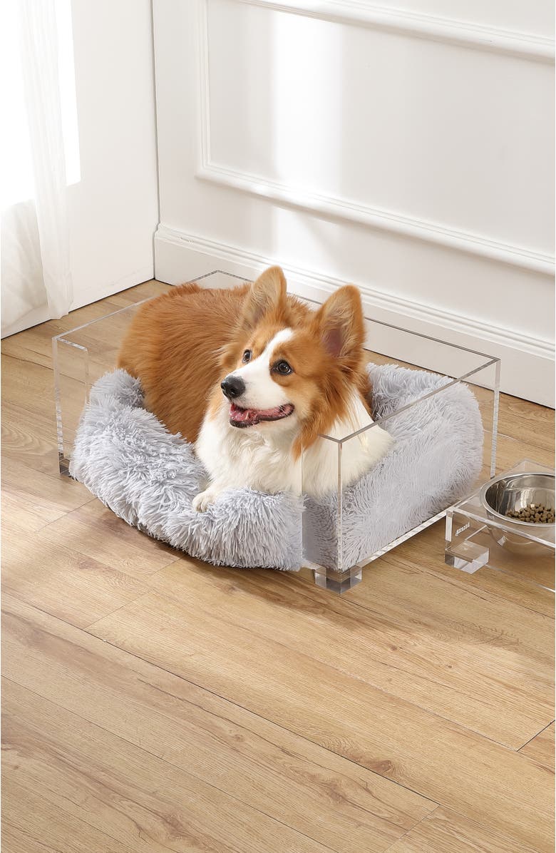 The Licker Store Billie 24" x 15.75" Small Modern Lucite Calming Fluffy Pet Bed with Washable Cushion and 4" Elevated Pet Feeder with 27 oz 2-Stainless Steel Bowls, Alternate, color, Light Gray/Clear