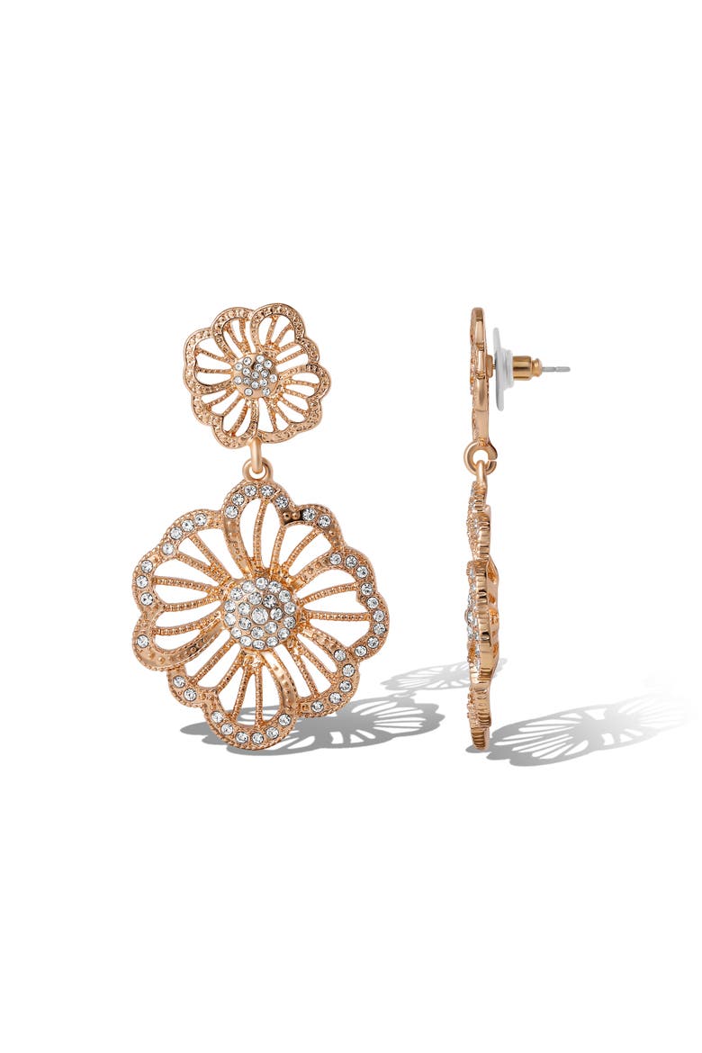 Clear Pave Crystal Flower Dangle Earrings, Alternate, color, Gold