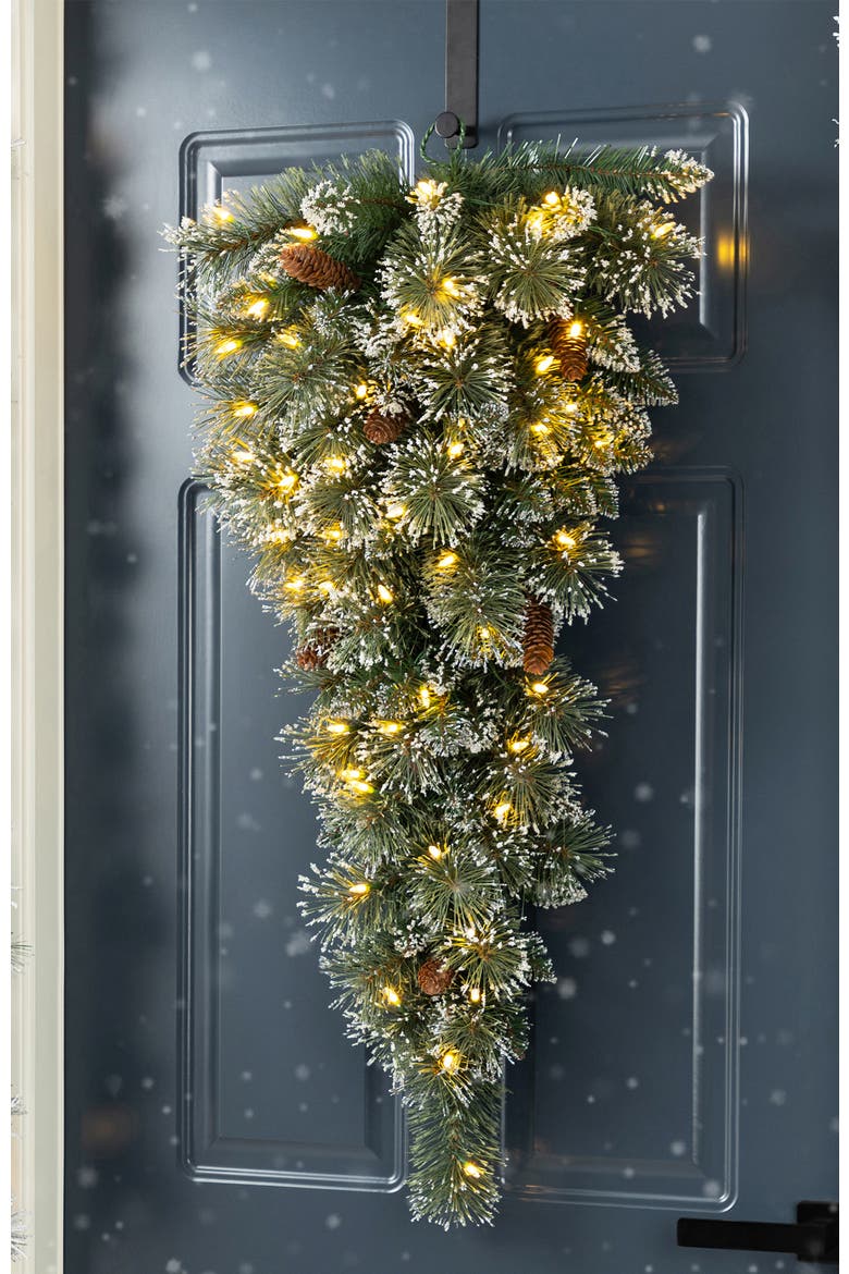 3ft Pre-Lit Frosted Christmas Teardrop Wreath with Timer, Alternate, color, Green