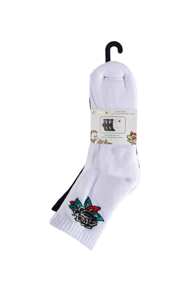 Ed Hardy Flower Print Half Cushion Mid Crew Sock 5-Pack, Alternate, color, Black White