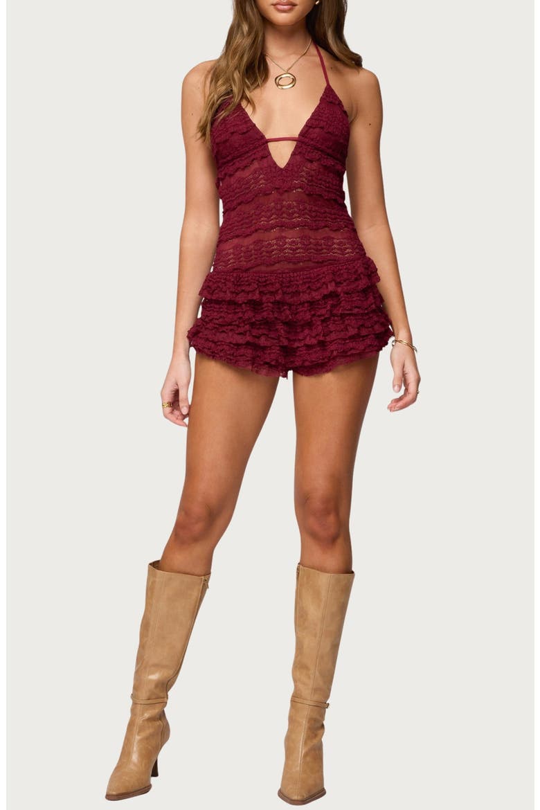 Lanney Ruffle Sheer Lace Halter Romper, Main, color, BURGUNDY