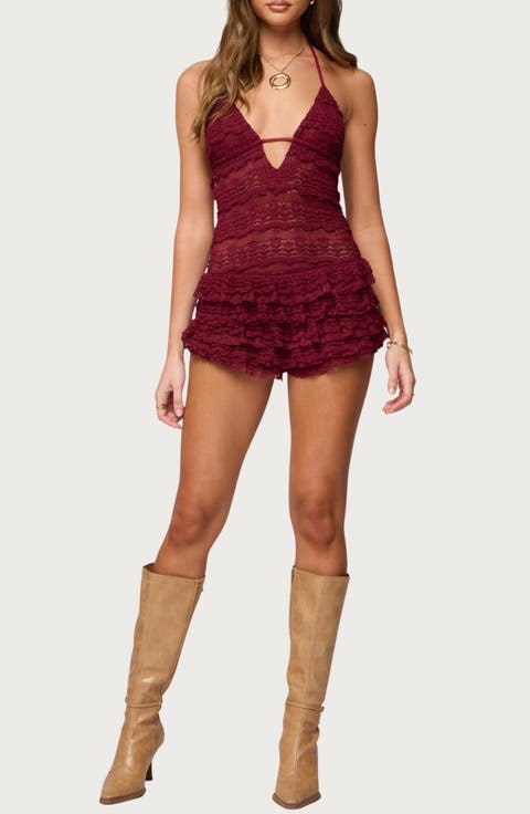 Lanney Ruffle Sheer Lace Halter Romper