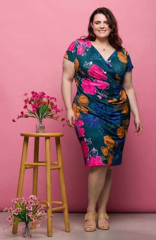 24seven Comfort Apparel Plus Size Knee Length Short Sleeve Faux Wrap Dress In Green Multi