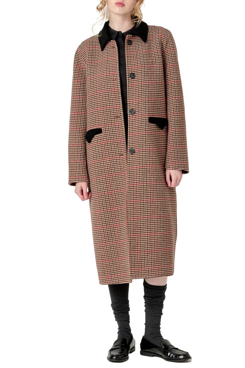 Houndstooth Check Contrast Wool Blend Coat, Main, color, BROWN
