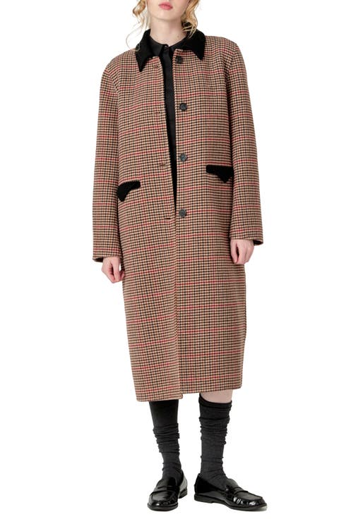 Houndstooth Check Contrast Wool Blend Coat