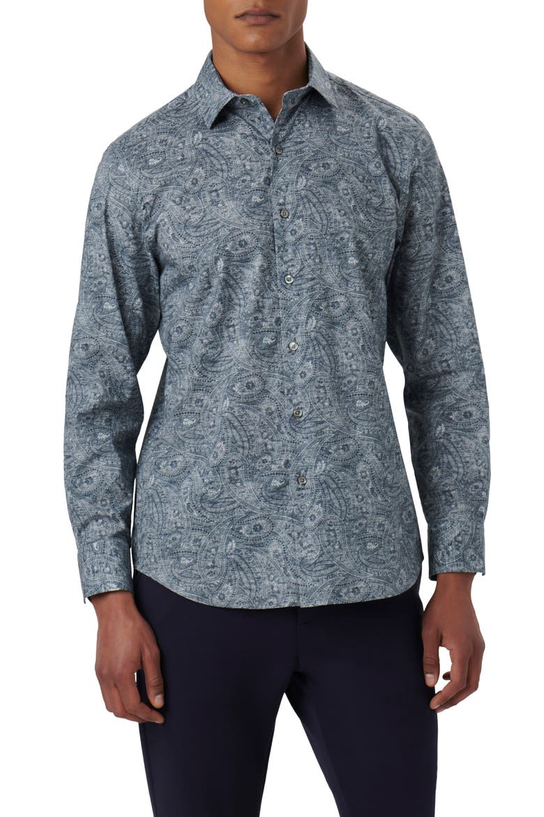 Axel Paisley Print Stretch Cotton Button-Up Shirt, Main, color, CEMENT