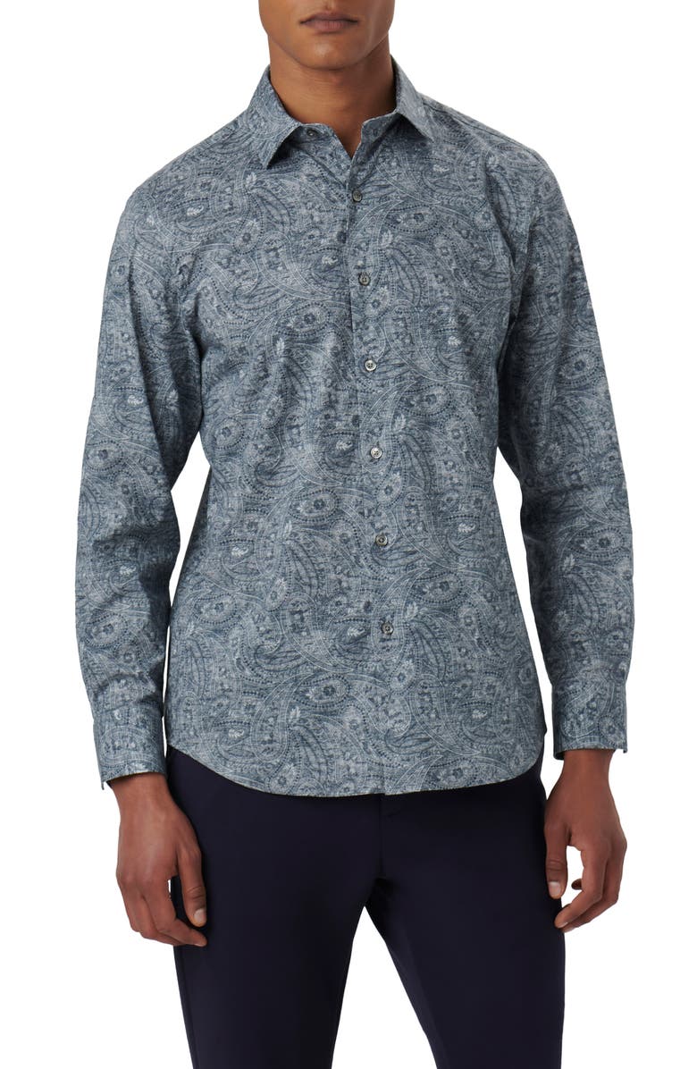 Bugatchi Axel Paisley Print Stretch Cotton Button-Up Shirt, Main, color, Cement