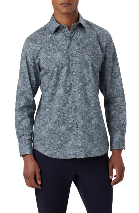 Axel Paisley Print Stretch Cotton Button-Up Shirt