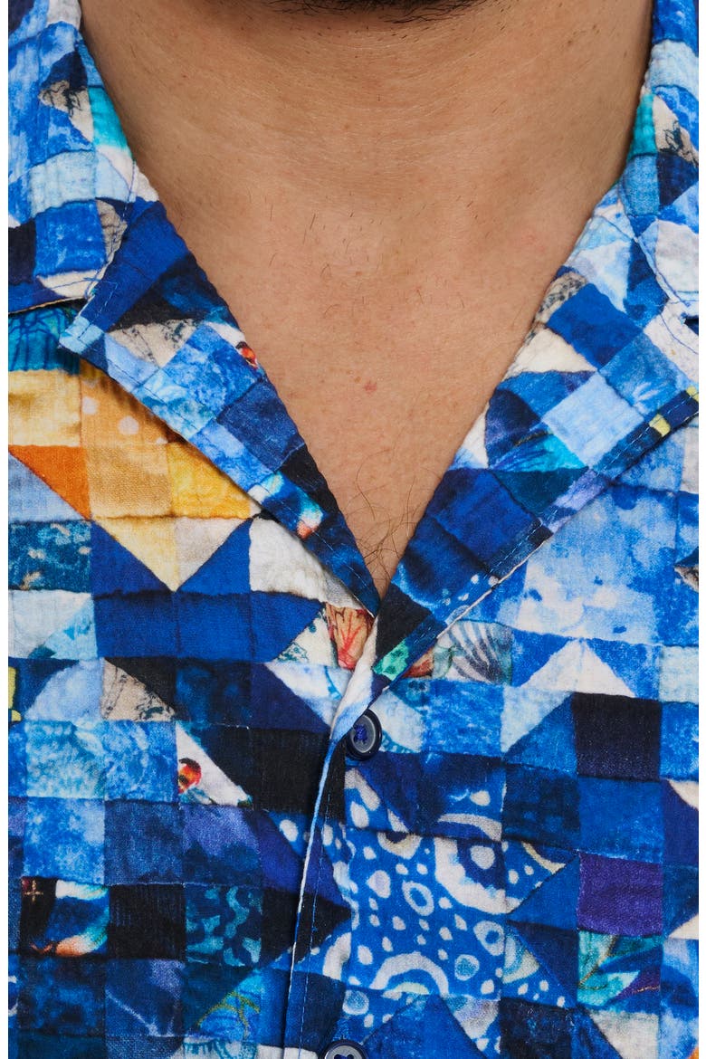 Sashiko Geometric Print Stretch Cotton Camp Shirt, Alternate, color, BLUE MULTI