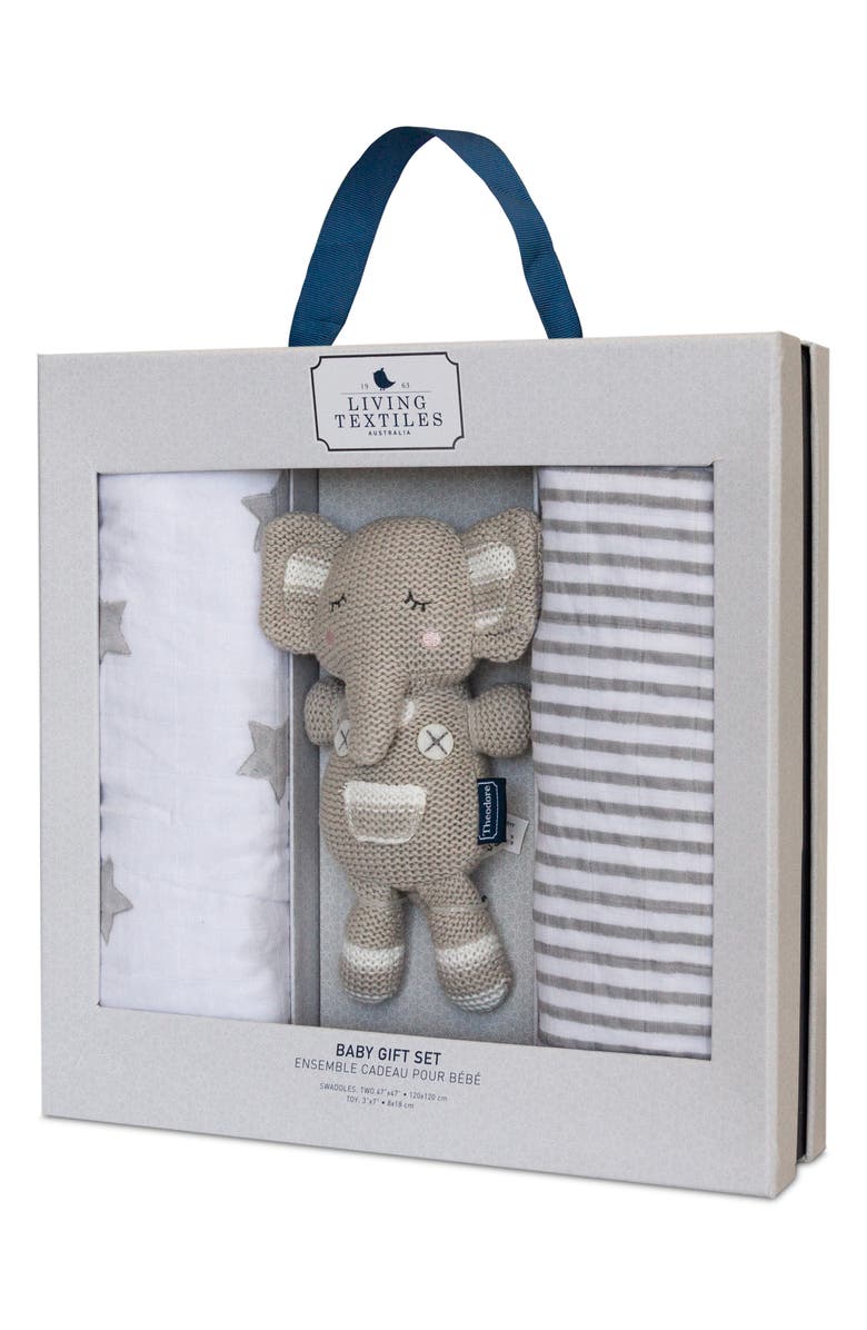 Living Textiles Baby Bento 2-Pack Swaddle Blankets & Theo Stuffed Animal Gift Set, Alternate, color,