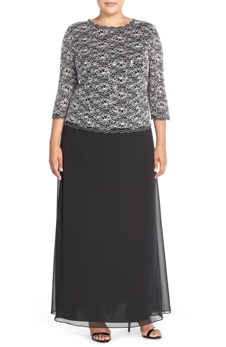 Alex Evenings Mock Two-Piece Lace & Chiffon A-Line Gown, Alternate, color, 