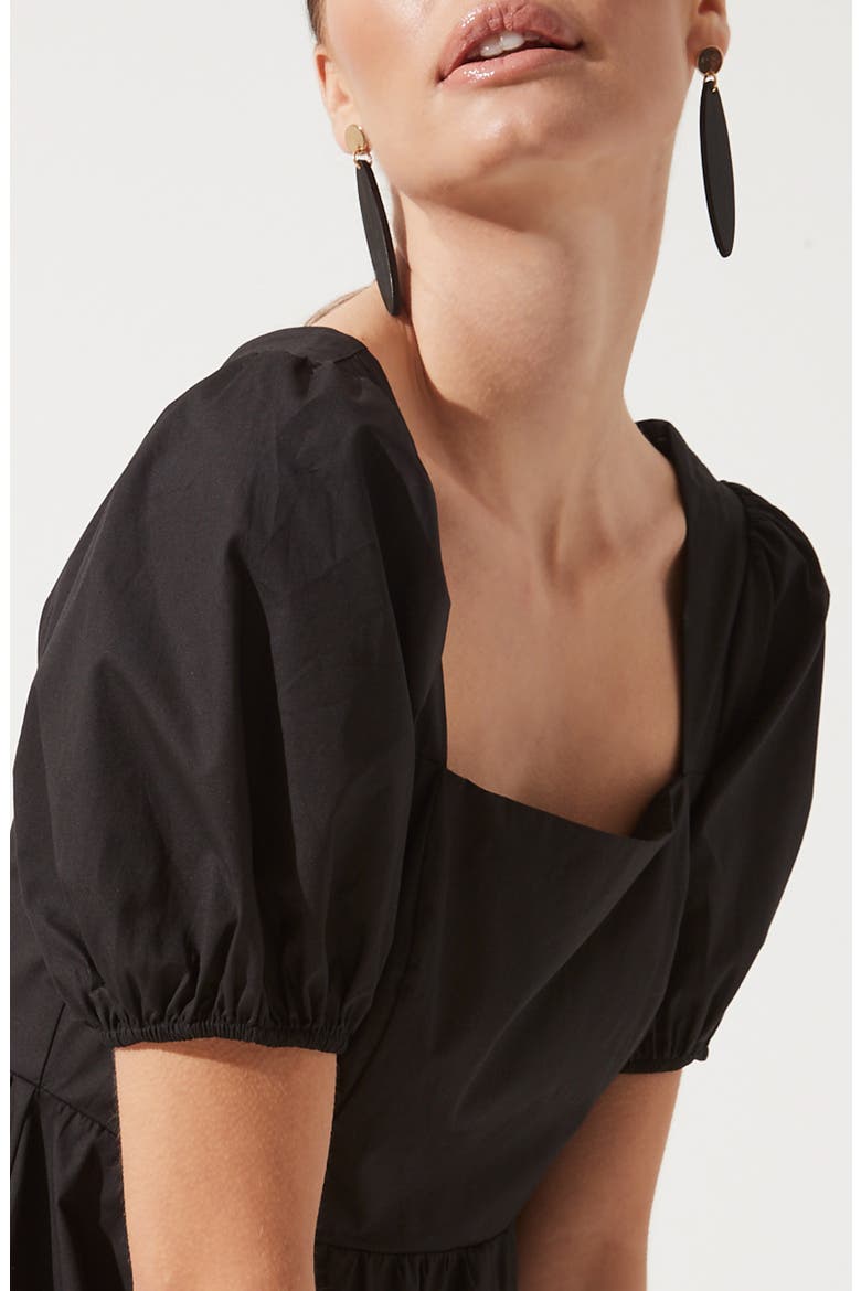 Astr Poplin Puff Sleeve Tiered Midi Dress, Alternate, color, BLACK