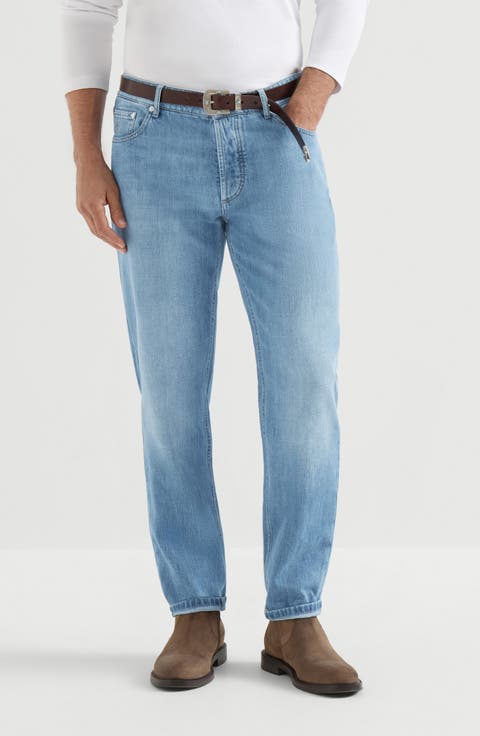 Lightweight denim traditional fit five-pocket trousers