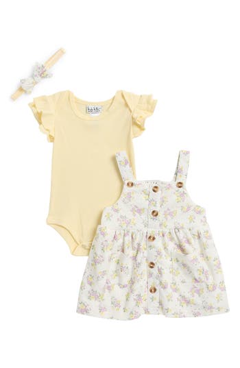 Nicole Miller Flutter Sleeve Bodysuit, Floral Romper & Headband Set In Pastel Yellow
