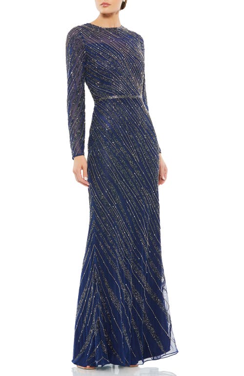 Mac Duggal Beaded Long Sleeve Column Gown In Midnight