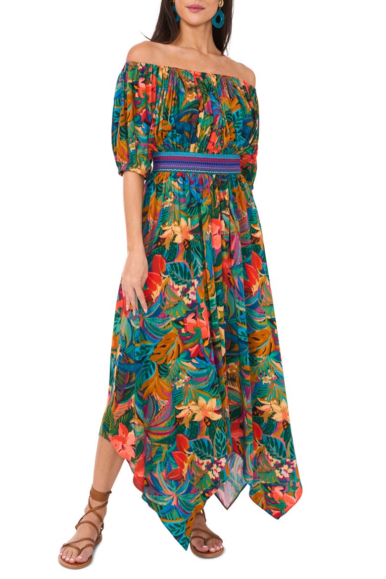 Off the Shoulder Handkerchief Hem Dress, Main, color, GREEN MULTI