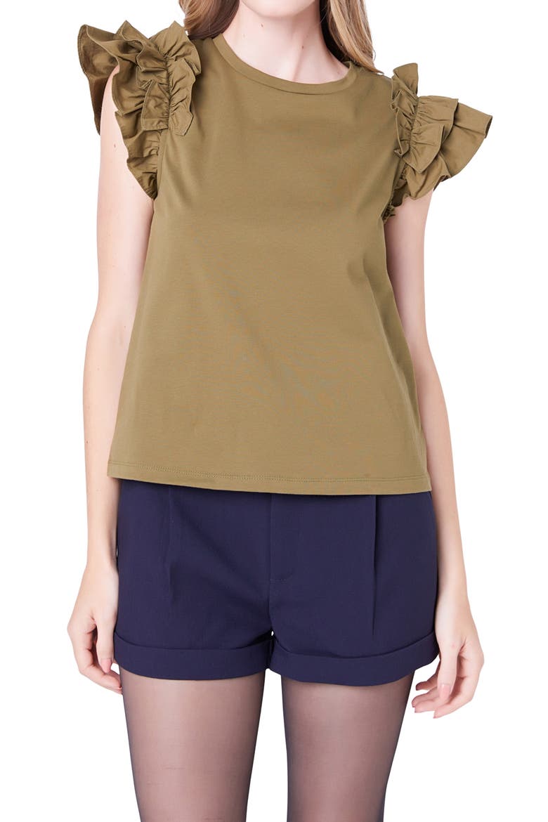 Ruffle Sleeve Mix Media Cotton Top, Alternate, color, OLIVE