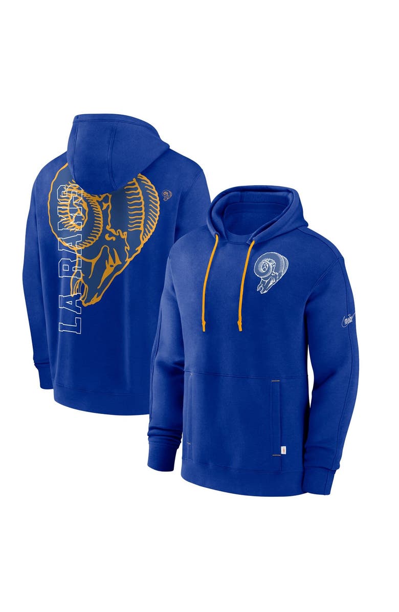 Nike Men's Nike Royal Los Angeles Rams Throwback Layered Logo Statement Pullover Hoodie, Alternate, color,