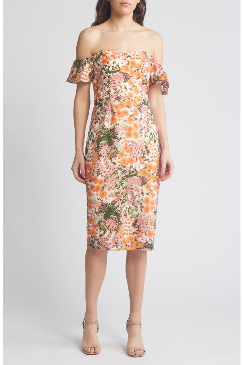 Tara Off the Shoulder Midi Dress, Main, color, APRICOT MULTI