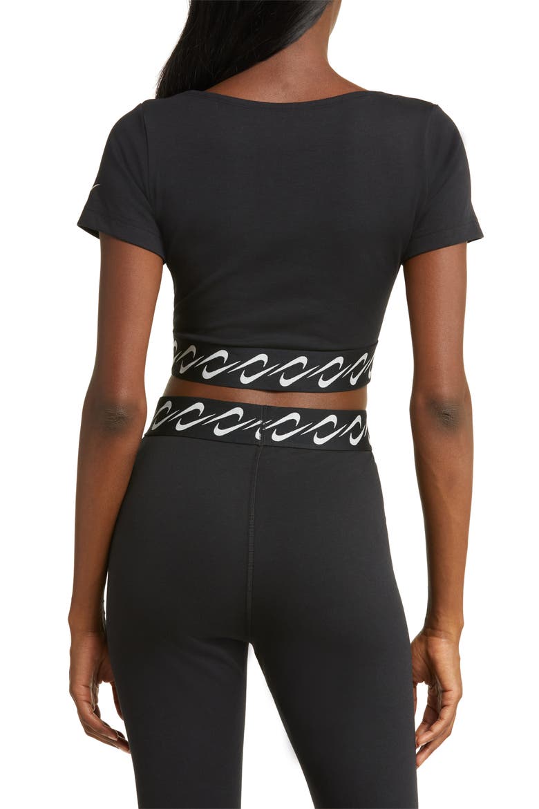 Essentials Swoosh Taping Crop T-Shirt, Alternate, color, BLACK/ SAIL