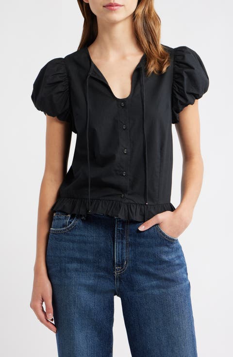 Iridessa Keyhole Puff Sleeve Cotton Button-Up Top