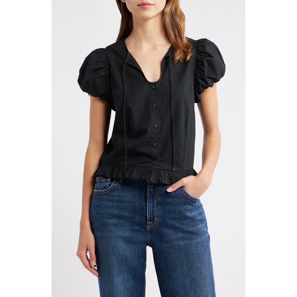 LOVE THE LABEL Iridessa Keyhole Puff Sleeve Cotton Button-Up Top in Black  product