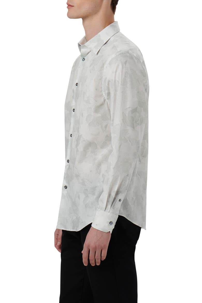 Julian Shaped Fit Leaf Print Stretch Cotton Button-Up Shirt, Alternate, color, CHALK