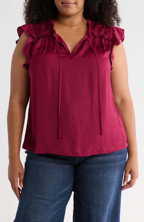 Satin Ruffle Split Neck Top (Plus)