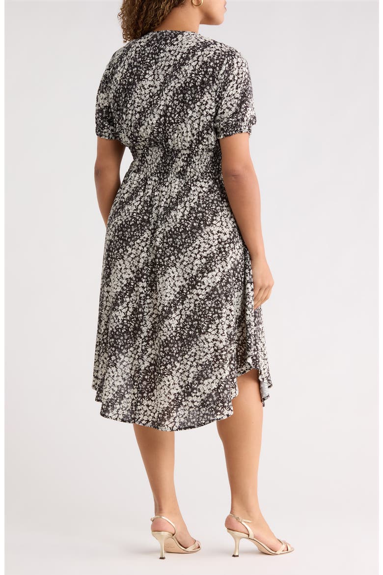 Short Sleeve Smocked Waist Midi Dress, Alternate, color, BLACK/ IVORY