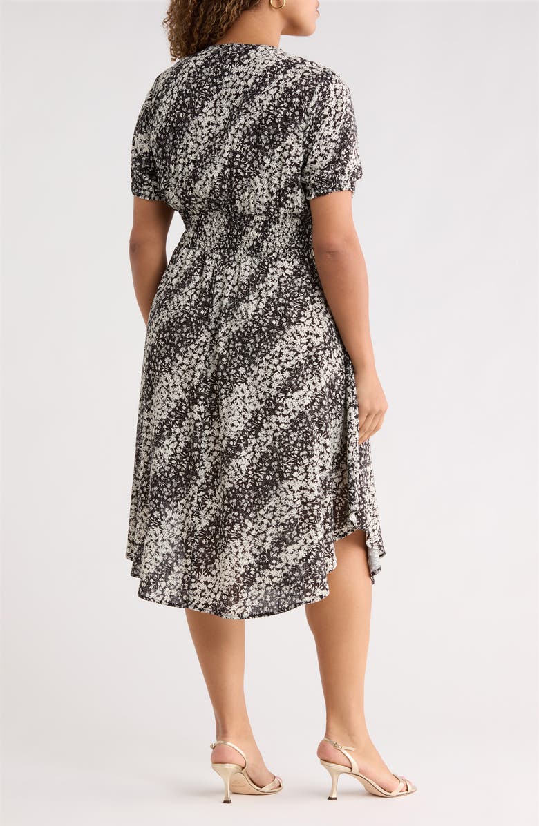 Renee C Short Sleeve Smocked Waist Midi Dress, Alternate, color, Black/ Ivory
