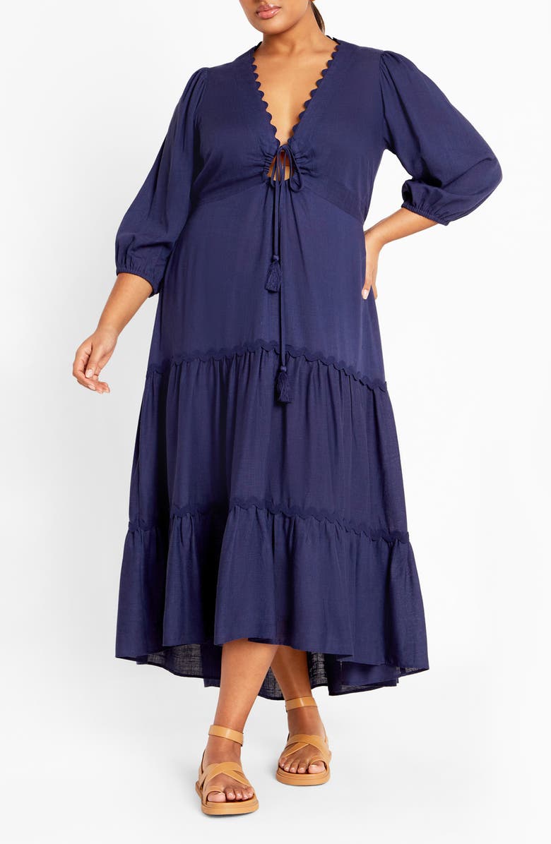 City Chic Coral Scallop Trim Tiered Maxi Dress, Main, color, Navy