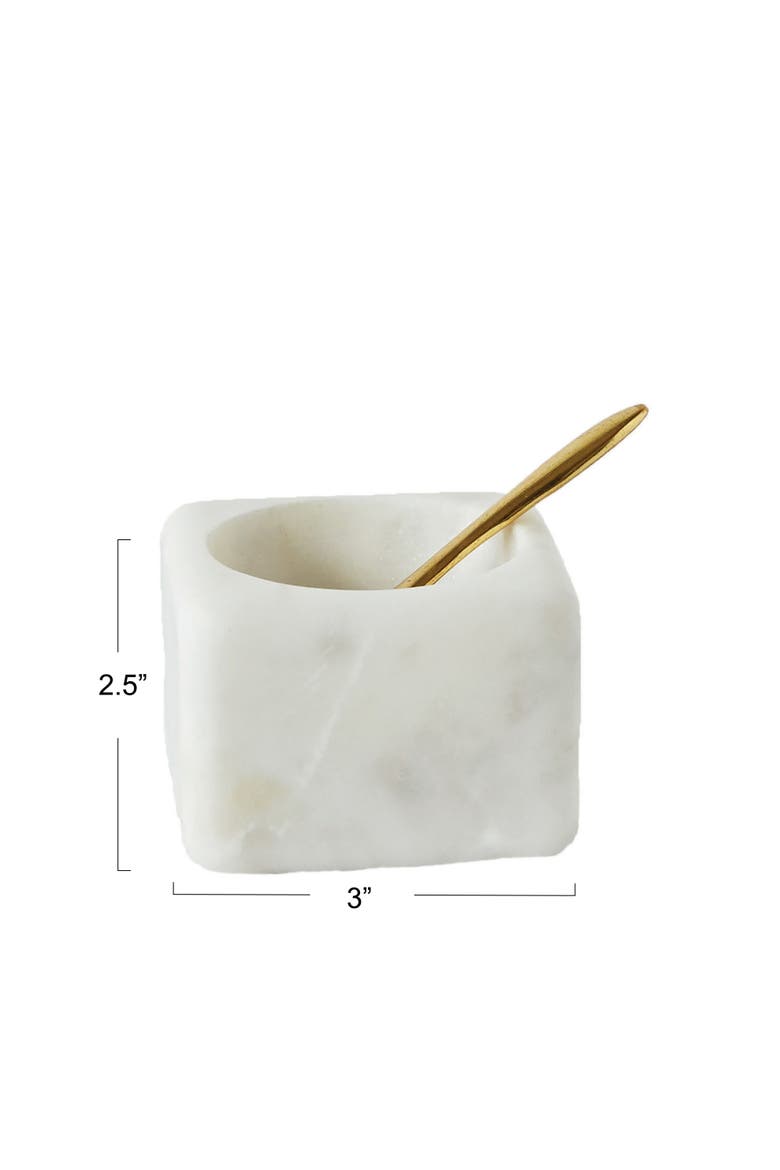 Square Marble Bowl with Brass Spoon, White, Alternate, color, White