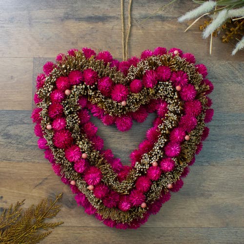 NORTHLIGHT NORTHLIGHT 13" PINK BOTANICALS AND TWIGS ARTIFICIAL VALENTINE'S DAY HEART WREATH 