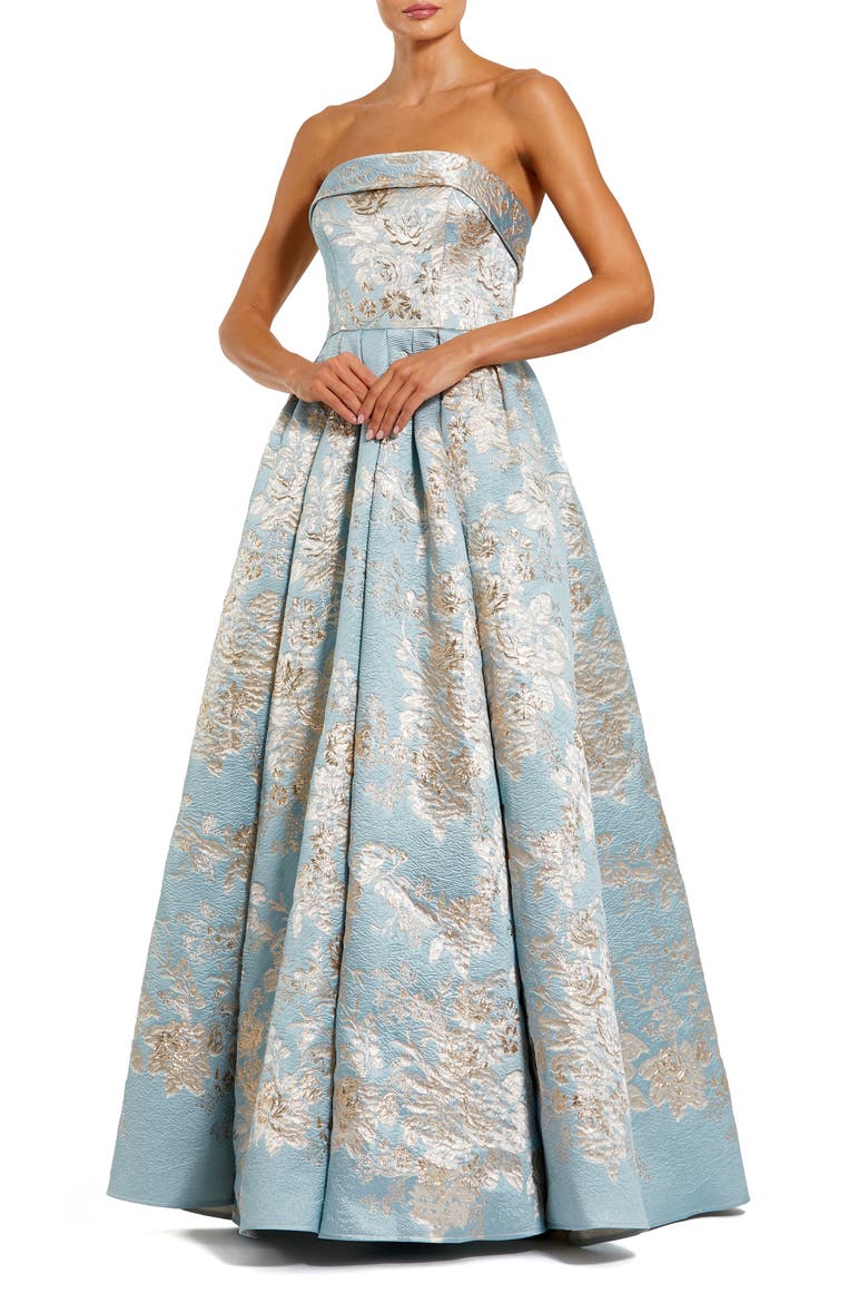 Floral Brocade Strapless A Line Ballgown, Main, color, Blue Multi
