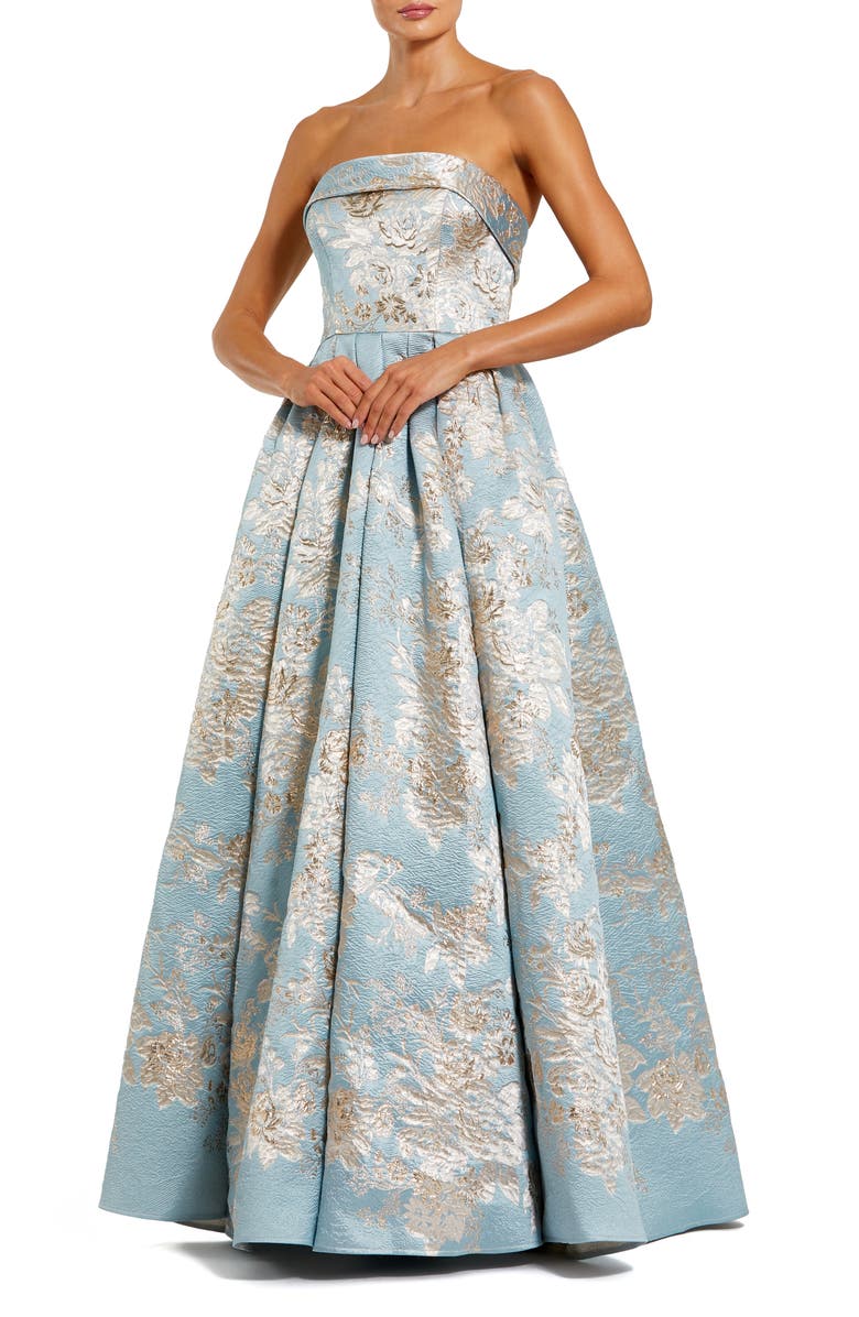 Mac Duggal Floral Brocade Strapless A Line Ballgown, Main, color, Blue Multi