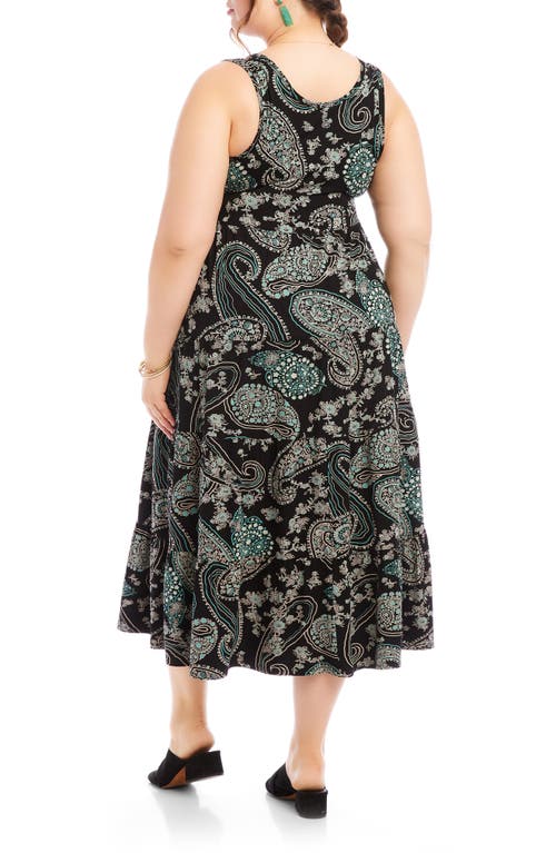 Karen Kane Sleeveless Midi Dress In Aqua Color Paisley Print On Black In Paisley