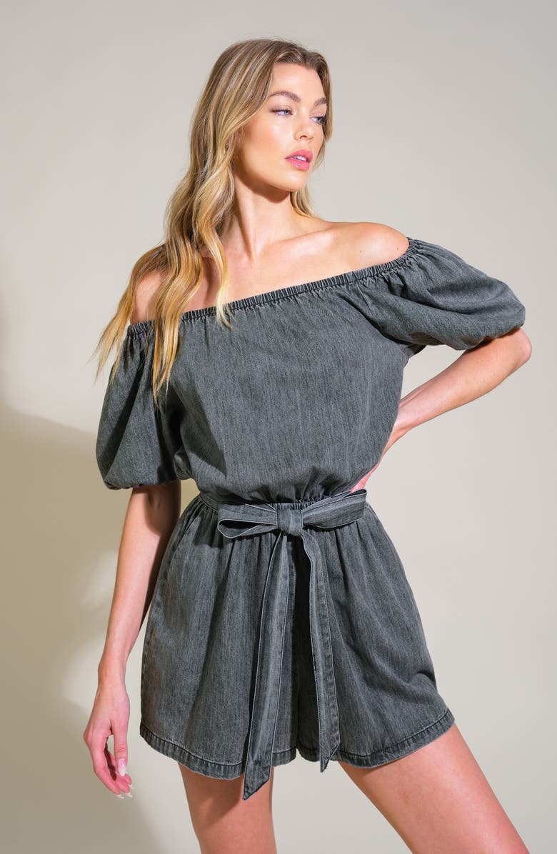 FLYING TOMATO Chambray Off the Shoulder Romper, Alternate, color, Washed Black