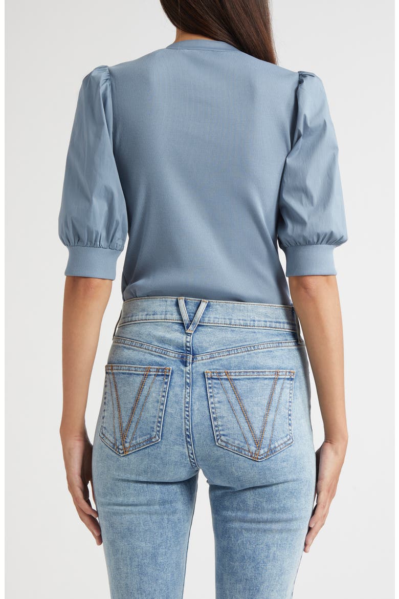 Coralee Puff Sleeve Mixed Media Henley Top, Alternate, color, LAKE MIST