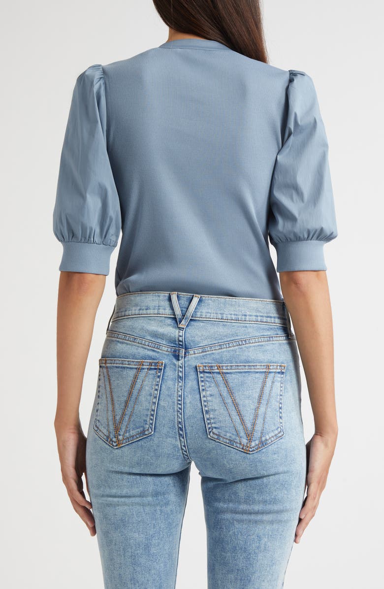 Veronica Beard Coralee Puff Sleeve Mixed Media Henley Top, Alternate, color, Lake Mist