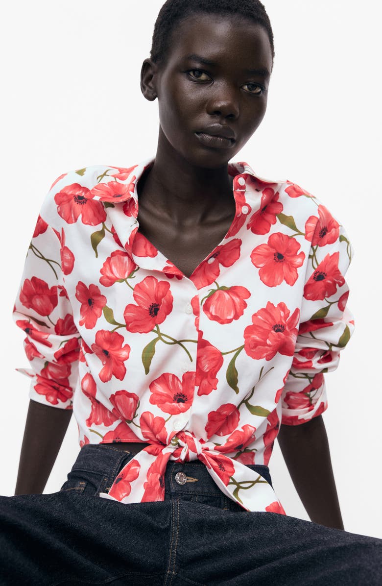 MANGO Floral Print Cropped Button-Up Shirt, Alternate, color, Off White