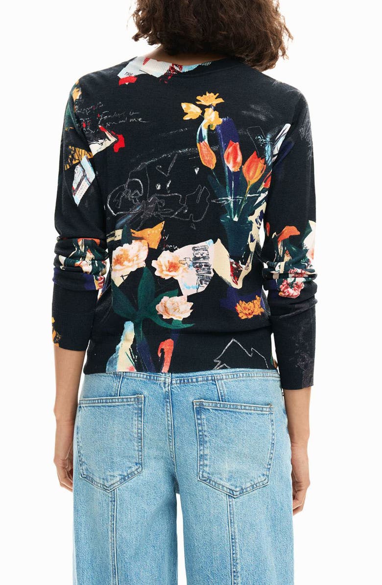 Desigual Floral Fine Gauge Crewneck Sweater, Alternate, color, Black
