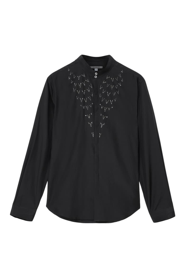 Lex Embellished Band Collar Silk & Wool Button-Up Shirt, Alternate, color, BLACK