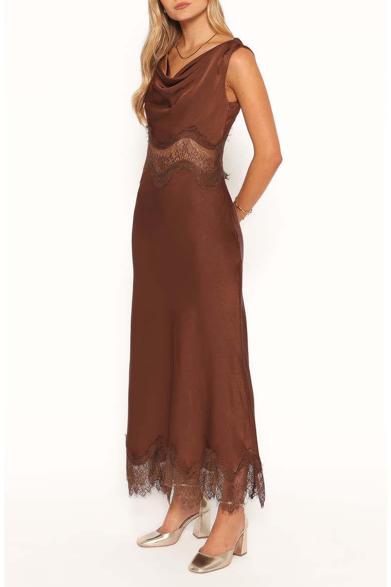 Belmont Lace Trim Satin Midi Dress, Alternate, color, BROWN