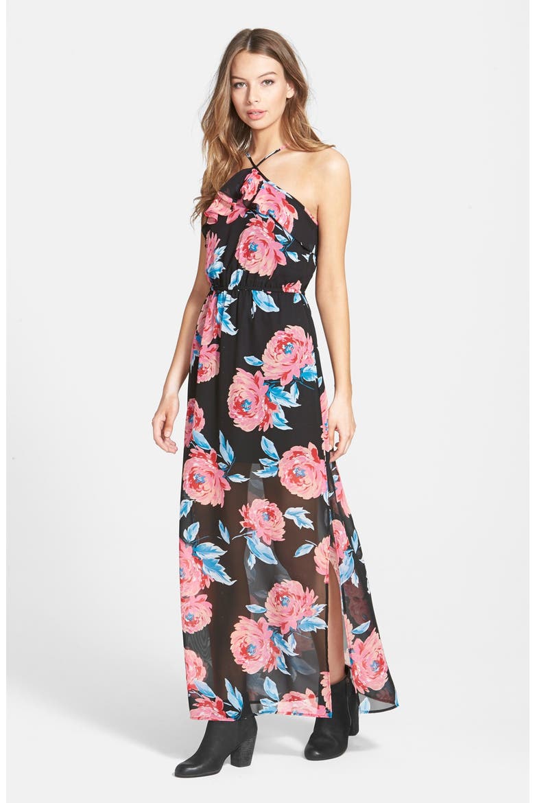 Ruffle Halter Maxi Dress, Main, color, BLACK/ PINK FLORAL