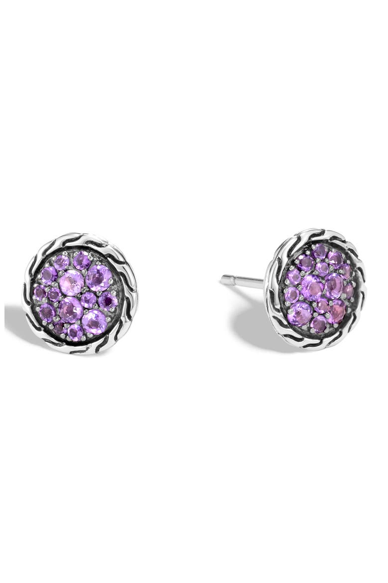 Carved Chain Stud Earrings, Silver, Pavé, Main, color, SILVER/ AMETHYST